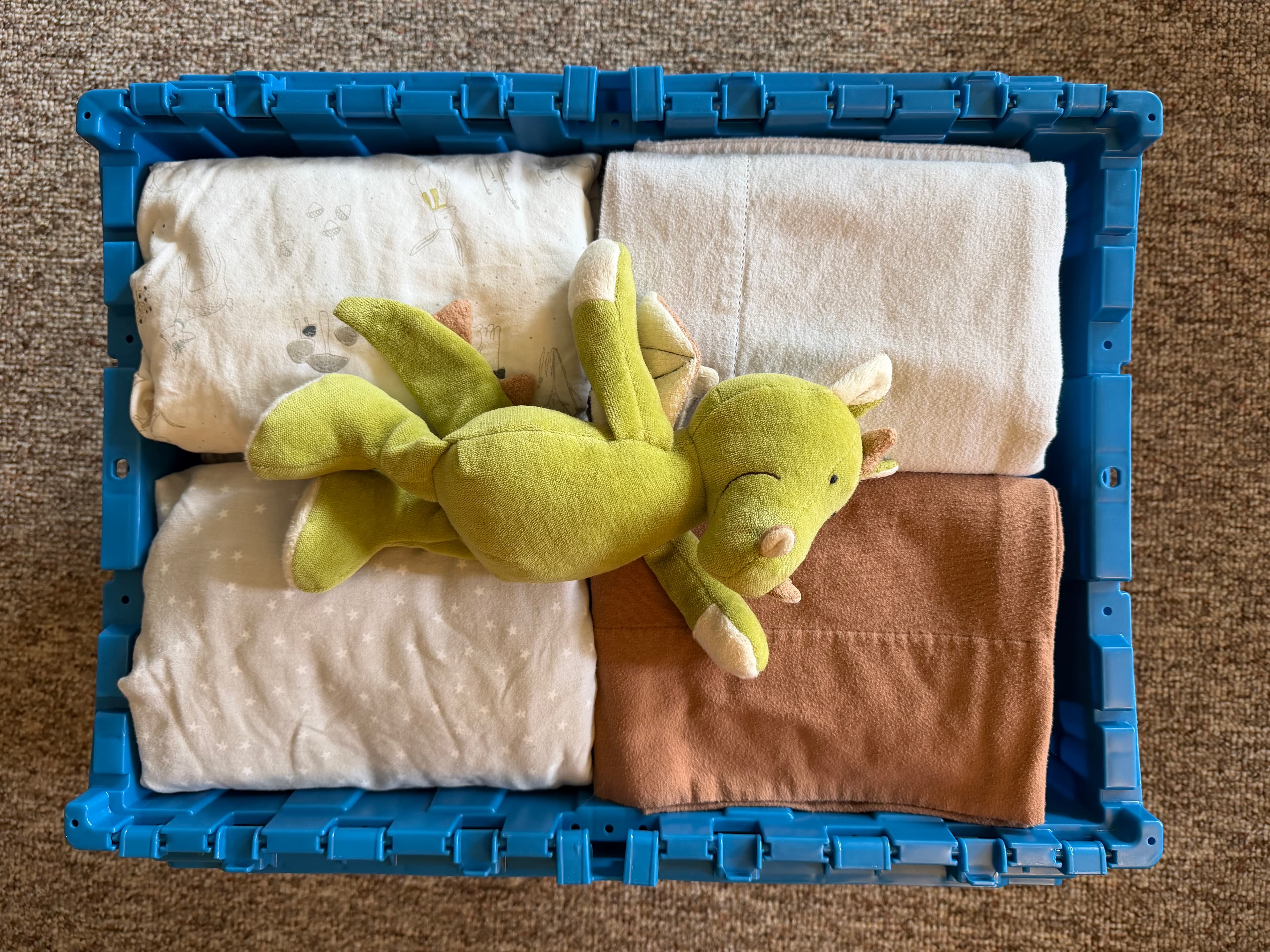 Bedding packed in a tote