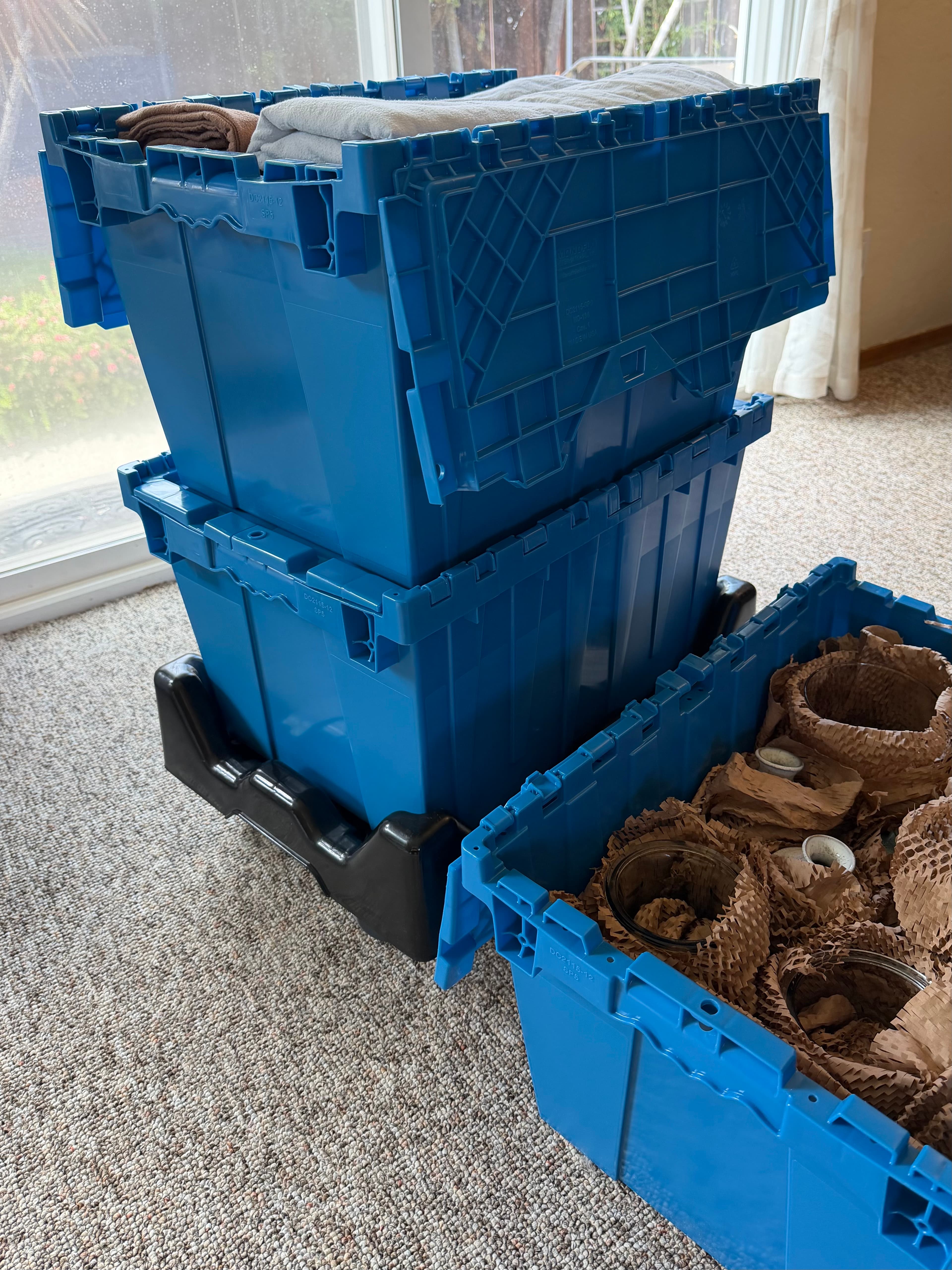 A full fleet of stacked totes